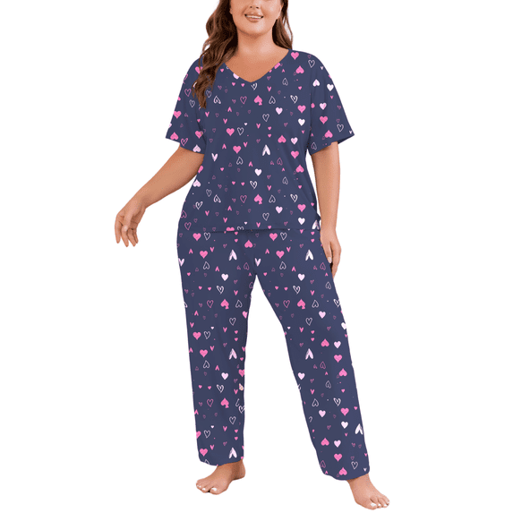 FEREMO Women Plus Size Pajamas Set Short Sleeve V Neck Sleepwear, 2 Piece Pjs Sets with Pockets