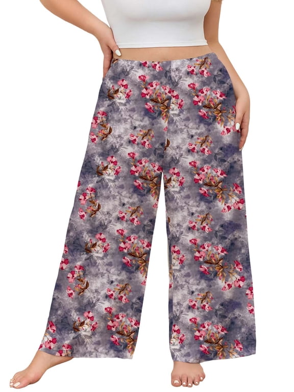 Women's Plus Size Pajama Pants Wide Leg Pants Floral Print Casual Lounge Pants, Sizes 1X-4X