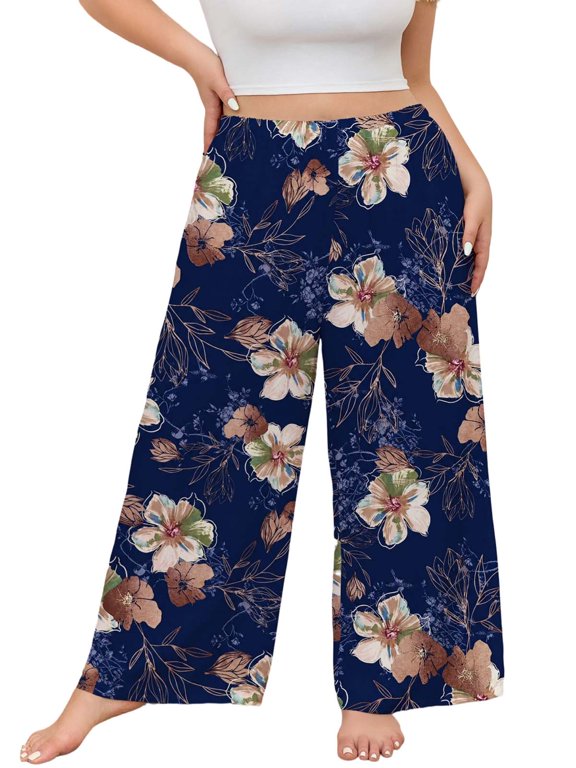 Women's Plus Size Pajama Pants Wide Leg Pants Floral Print Casual Lounge Pants, Sizes 1X-4X