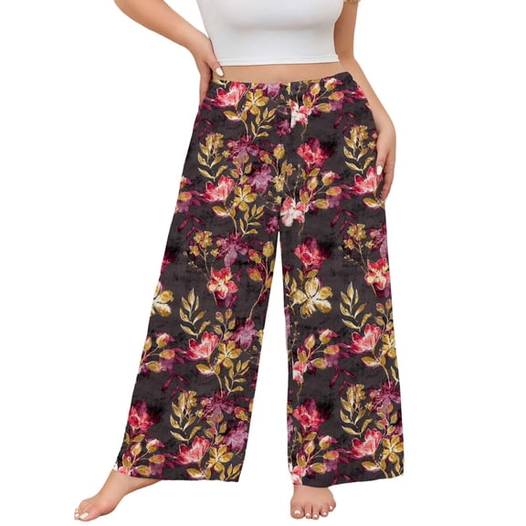 FEREMO Women's Plus Size Pajama Pants Wide Leg Pants Floral Print Casual Lounge Pants, Sizes 1X-4X