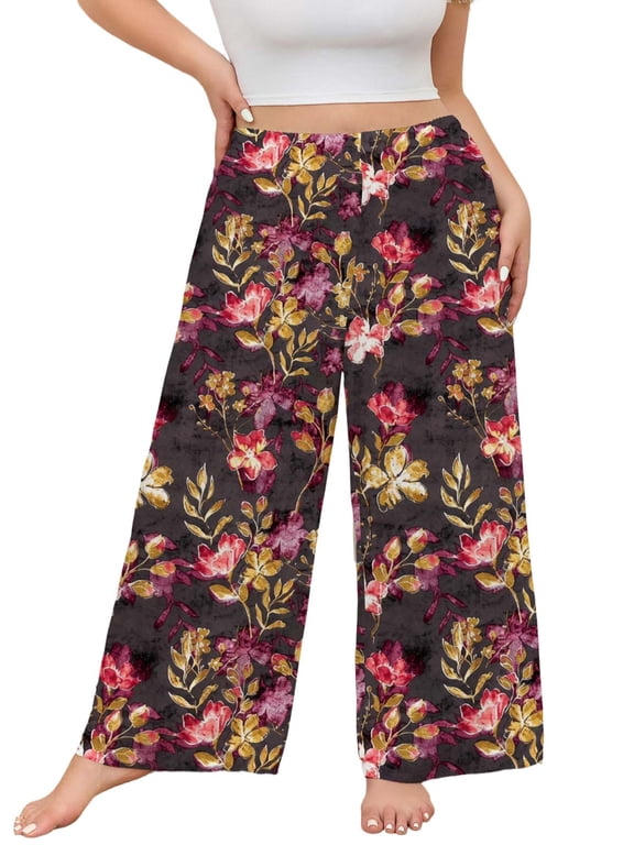 Women's Plus Size Pajama Pants Wide Leg Pants Floral Print Casual Lounge Pants, Sizes 1X-4X