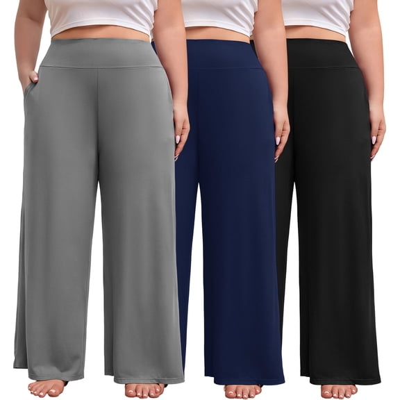 FEREMO Women's Plus Size Wide Leg Pajama Pants High Waist Lounge Pants with Side Pockets 3 Pack, Sizes 1-5X