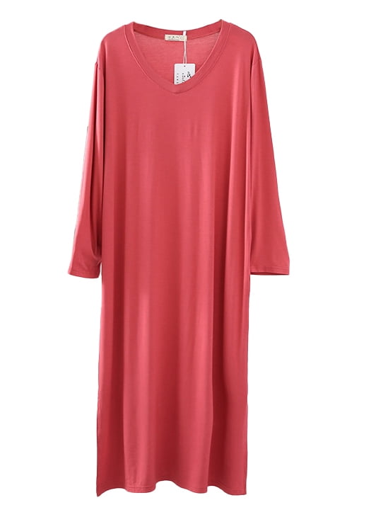 FEREMO Women's Sleep Dress Vneck Long Sleeve Slit Side Long Dress
