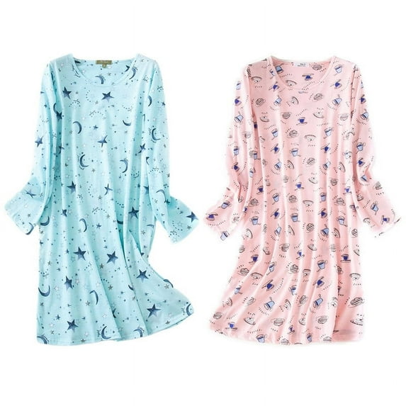 FEREMO Women's Sleepwear Knitted Cotton Sleep Shirts Cute Cartoon Cozy Long Sleeve Sleep Dresses 2 Pack Home Wear