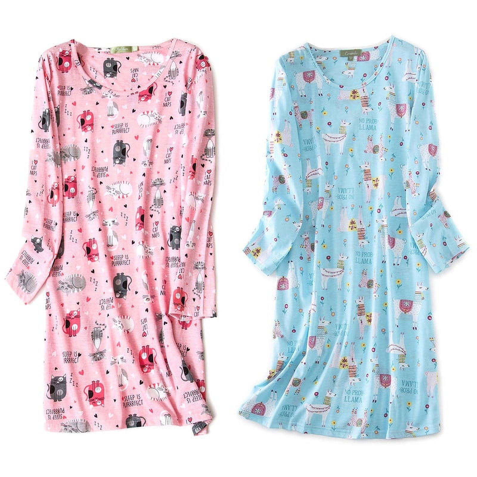 FEREMO Women's Sleepwear Knitted Cotton Sleep Shirts Cute Cartoon Cozy ...