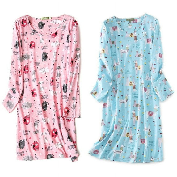 FEREMO Women's Sleepwear Knitted Cotton Sleep Shirts Cute Cartoon Cozy Long Sleeve Sleep Dresses 2 Pack Home Wear