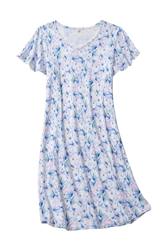 Womens Nightgown Flared Short Sleeve Nightshirt V Neck Comfy Sleepshirt Casual Sleepwear