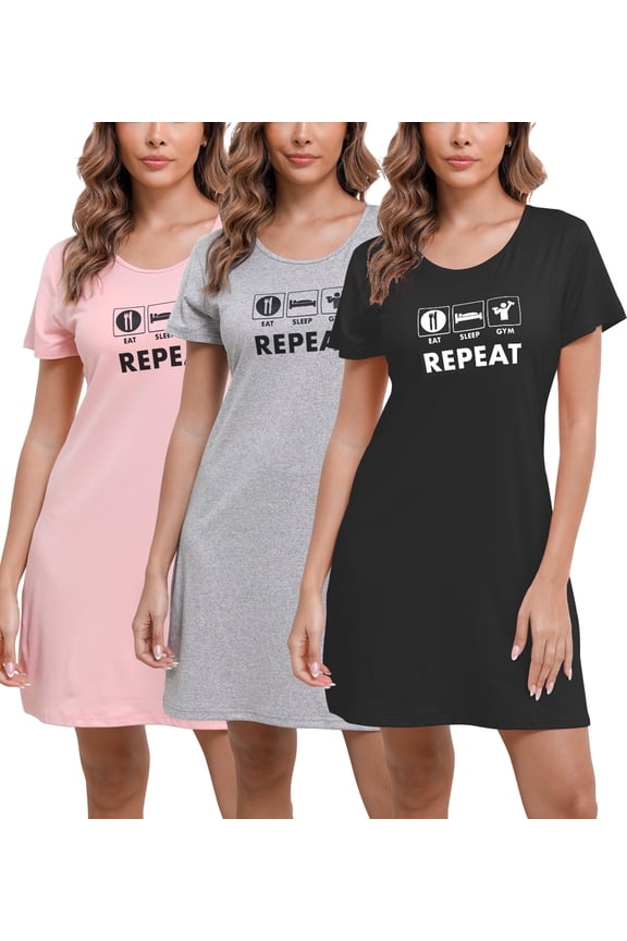 Womens Nightgown Short Sleeve Print Soft Sleepwear Knee Length Pajamas Dress 3 Pack
