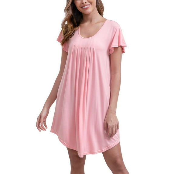 FEREMO Womens Nightgowns Pleated Soft Nightshirt Short Sleeve Knee Length Loose Sleepwear