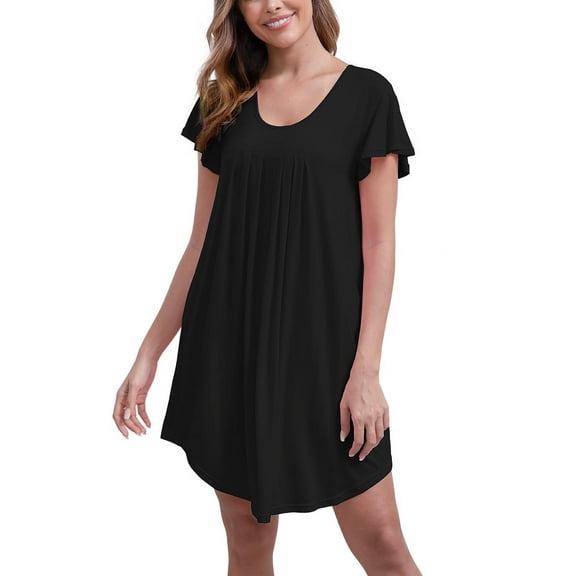 FEREMO Womens Nightgowns Pleated Soft Nightshirt Short Sleeve Knee Length Loose Sleepwear