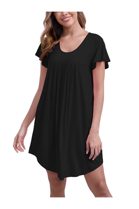 Womens Nightgowns Pleated Soft Nightshirt Short Sleeve Knee Length Loose Sleepwear