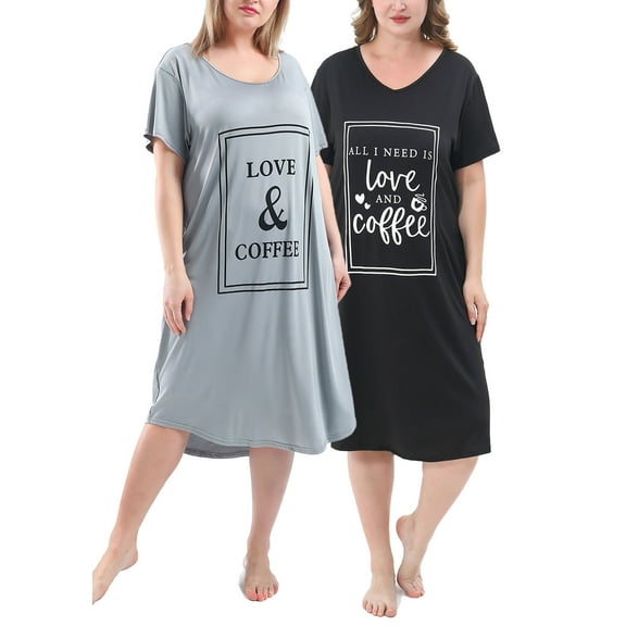 FEREMO Womens Nightgowns Plus Size V Neck Print Pajamas Dress 2 Pack