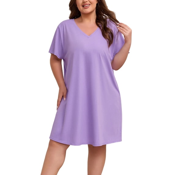 FEREMO Womens Plus Size 100% Cotton Short Sleeve V Neck Nightgown Ladies Sleepwear