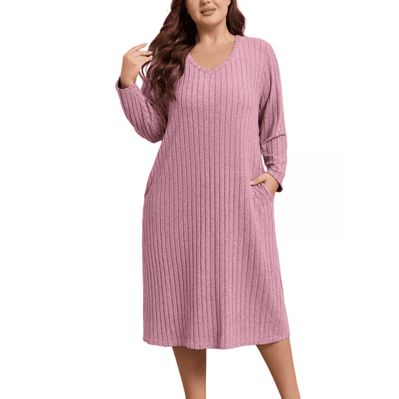 FEREMO Womens Plus Size Long Sleeve Nightgown V Neck Ribbed Knit Lounge Dress with Pockets, Sizes 1-5X