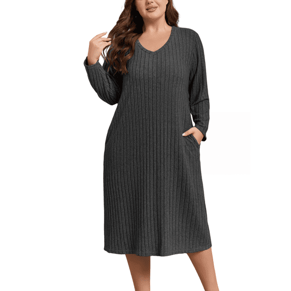 FEREMO Womens Plus Size Long Sleeve Nightgown V Neck Ribbed Knit Lounge Dress with Pockets, Sizes 1-5X