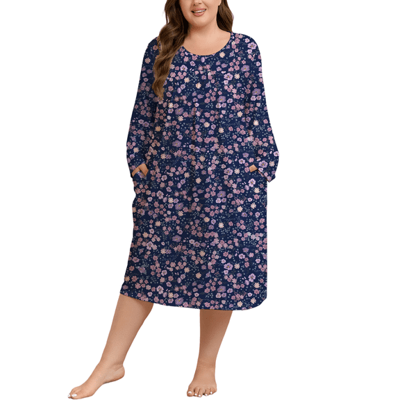 FEREMO Womens Plus Size Nightgowns Long Sleeve Crew Neck Pleated Night Dress Printed Sleepwear with Pockets