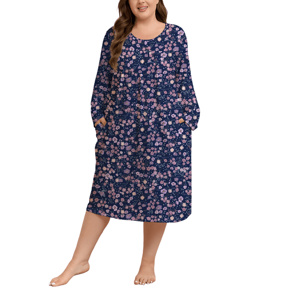 FEREMO Womens Plus Size Nightgowns Long Sleeve Crew Neck Pleated Night Dress Printed Sleepwear with Pockets
