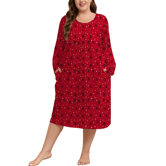 FEREMO Womens Plus Size Nightgowns Long Sleeve Crew Neck Pleated Night Dress Printed Sleepwear with Pockets