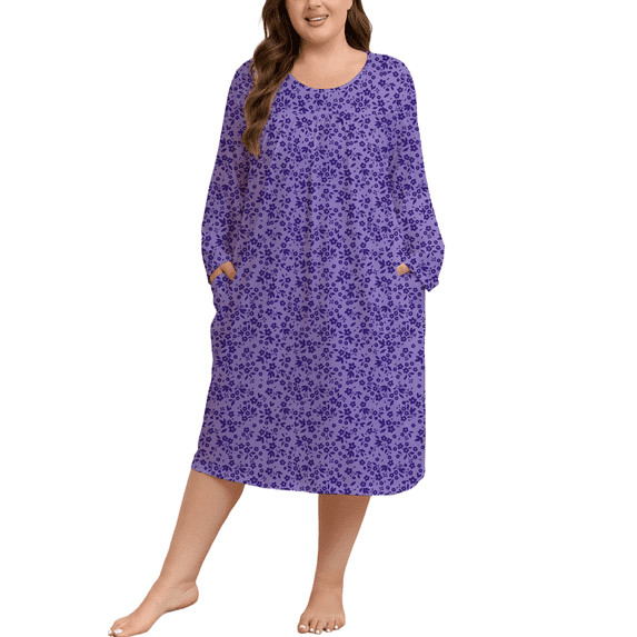 FEREMO Womens Plus Size Nightgowns Long Sleeve Crew Neck Pleated Night Dress Printed Sleepwear with Pockets