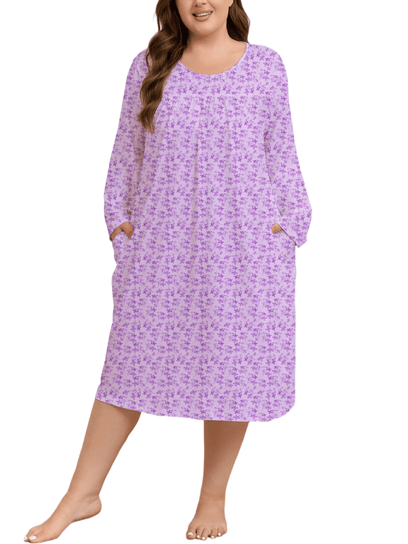 Womens Plus Size Nightgowns Long Sleeve Crew Neck Pleated Night Dress Printed Sleepwear with Pockets