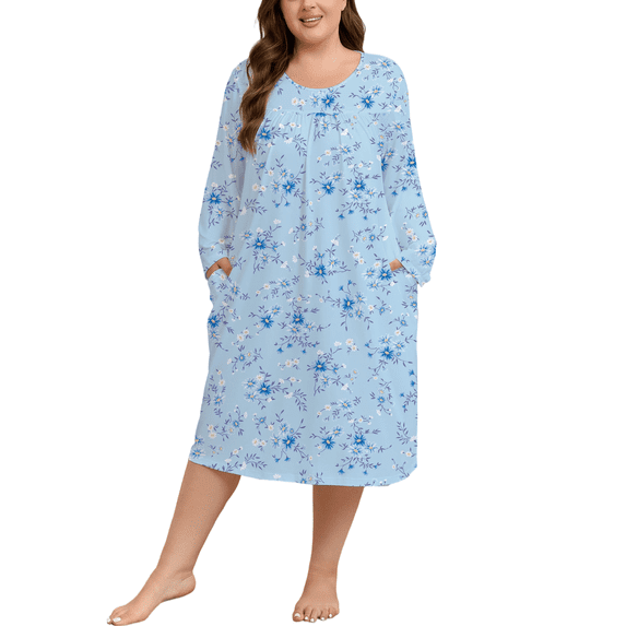 FEREMO Womens Plus Size Nightgowns Long Sleeve Crew Neck Pleated Night Dress Printed Sleepwear with Pockets