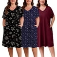 thumbnail image 1 of FEREMO Womens Plus Size Nightgowns V Neck Short Sleeve Sleepwear Printed Sleepwear with Pockets, 3 Pack, 1 of 8