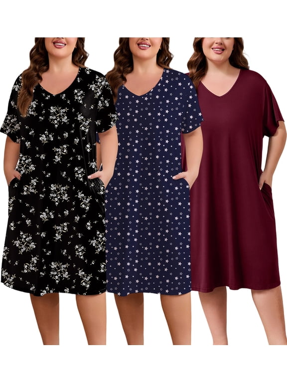 Womens Plus Size Nightgowns V Neck Short Sleeve Sleepwear Printed Sleepwear with Pockets, 3 Pack