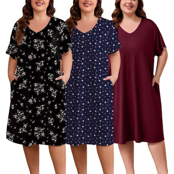 FEREMO Womens Plus Size Nightgowns V Neck Short Sleeve Sleepwear Printed Sleepwear with Pockets, 3 Pack