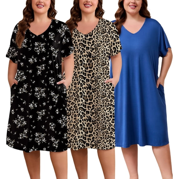 FEREMO Womens Plus Size Nightgowns V Neck Short Sleeve Sleepwear Printed Sleepwear with Pockets, 3 Pack
