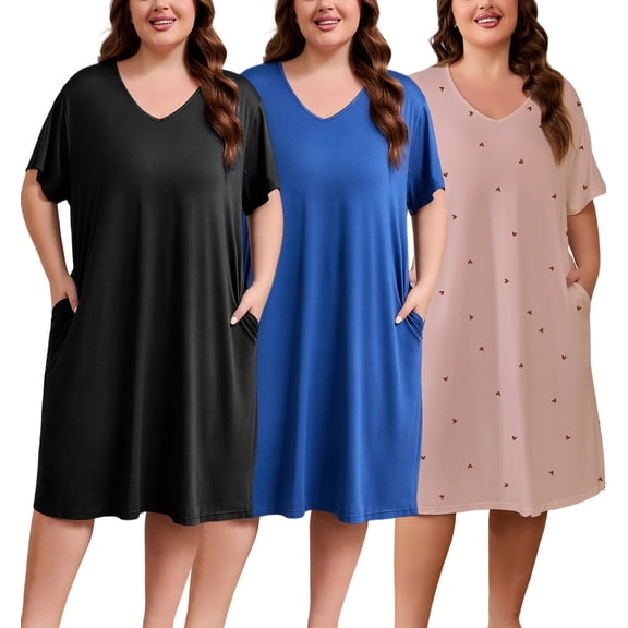 FEREMO Womens Plus Size Nightgowns V Neck Short Sleeve Sleepwear Printed Sleepwear with Pockets, 3 Pack