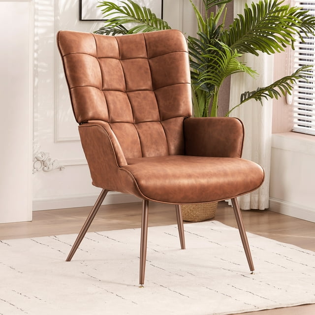FERPIT Basic Leather Accent Chair, Brown Living Room Chair High Back