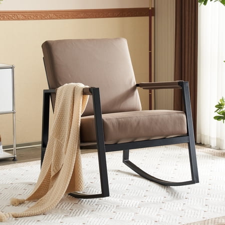 FERPIT Faux Leather Fabric Nursery Rocking Chair Modern Accent Upholstered Rocker Chair with Metal Frame and Thick Cuchion for Living Room Bedroom Balcony, Pale Brown