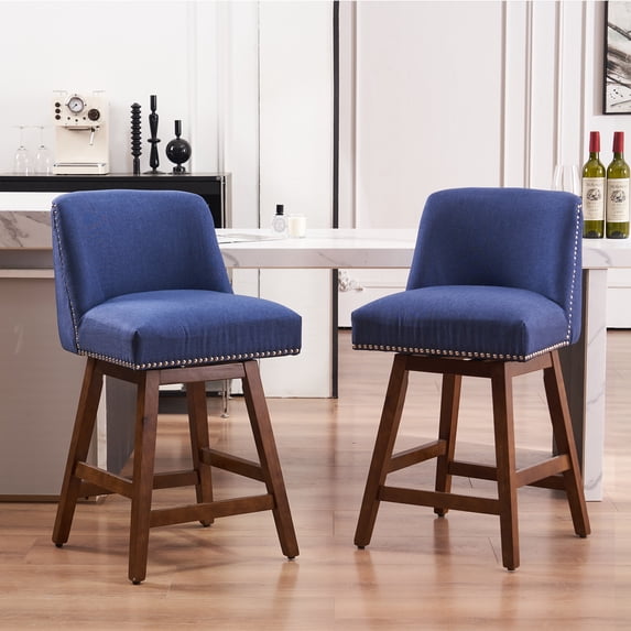FERPIT Faux Linen Swivel Bar Stools Set of 2, Low Back Bar Height, 26" Seat Height, Blue