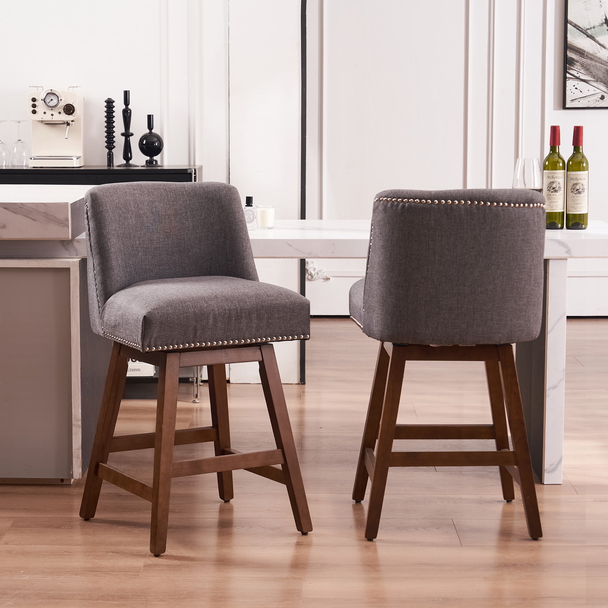 FERPIT Faux Linen Swivel Bar Stools Set of 2, Low Back Bar Height, 26
