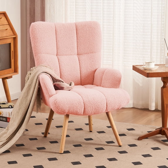 FERPIT Modern Accent Chair, Upholstered Teddy Velvet Vanity Chair with Arms Tall Back Desk Chair with Solid Wood Legs for Living Room Bedroom Waiting Room, Pink