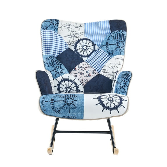 FERPIT Rocking Chair Upholstered Wingback Accent Chair with Rubberwood Legs & Levelers for Living Room, Nautical Patchwork