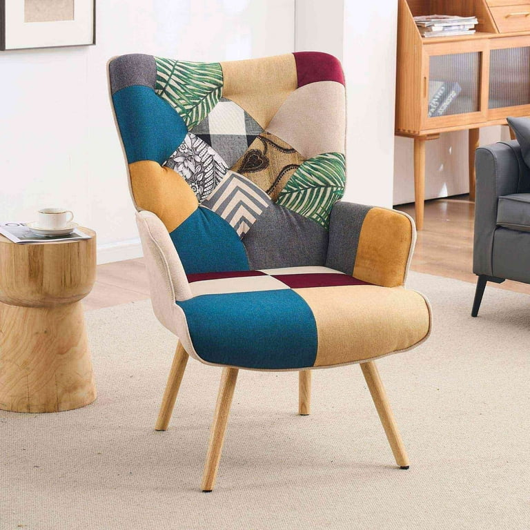 Multi Colored Patchwork Accent Chair with Solid Wood Legs Linen Fabric Napping Armchair for Living Room