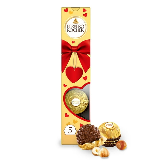 Ferrero Rocher Gourmet Hazelnut Milk Chocolate Valentines Day Gift Box, 5 Individually Wrapped Chocolates for Gifting, 2.2 oz