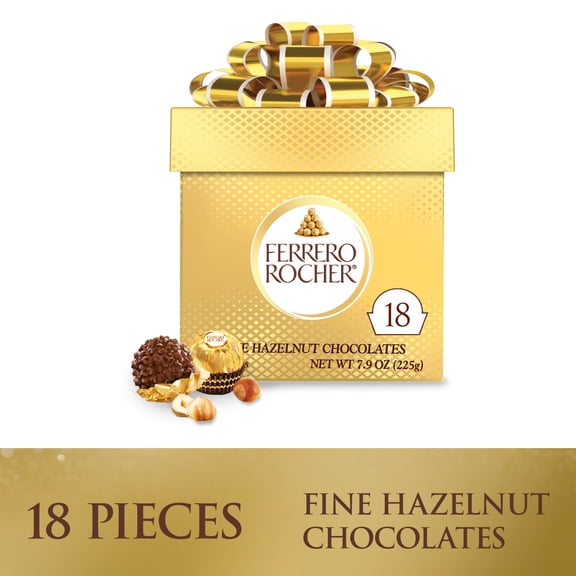Ferrero Rocher Gourmet Hazelnut Milk Chocolate Gift Box, 18 Individually Wrapped Chocolates, 7.9 oz