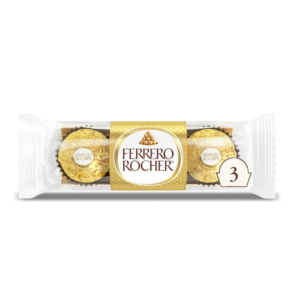 3 Count, Ferrero Rocher Premium Gourmet Milk Chocolate Hazelnut, Individually Wrapped Candy for Gifting, 1.3 oz