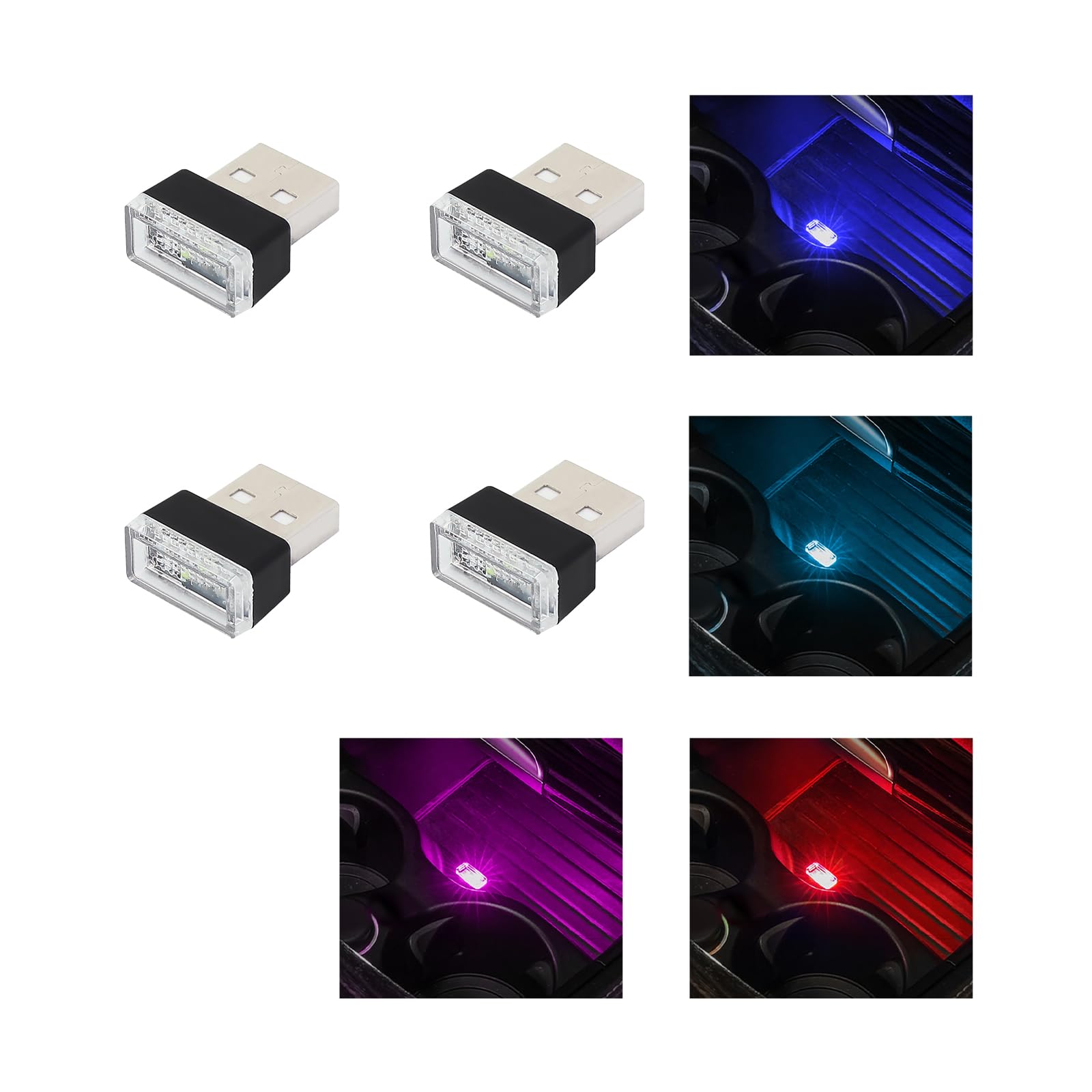 FERSWE 4 PCS USB LED Car Interior Atmosphere Lamp, Plug-in USB Decor Night Light, Portable Auto Ambient Lighting Kit, Universal Vehicle Interior Accessories for Most Cars