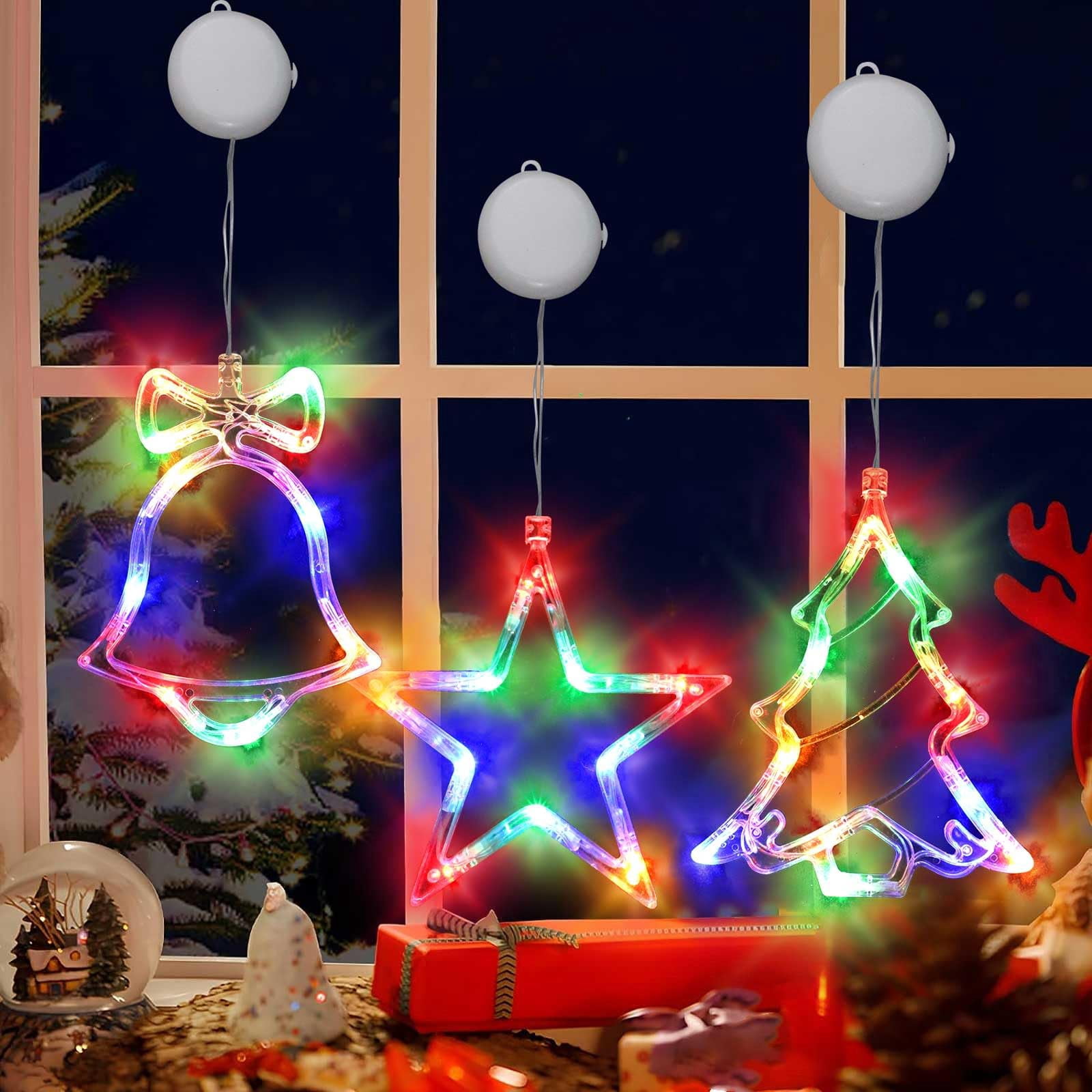 FERSWE Christmas Decorations 3PCS Christmas Window Lights Battery Powered Christmas Window Lights Battery Powered Suction Cup Hook Timer New Year Home Party Star Jingle Bell Xmas Tree Multicolored - View #2