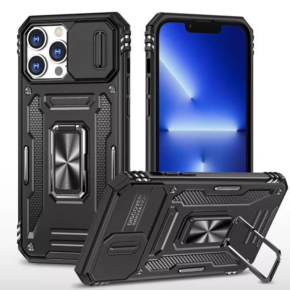 FESIGN For iPhone 15 / iPhone 15 Pro / For iPhone 15 Plus / iPhone 15 Pro Max Case Built-in Camera Cover & 360° Kickstand Rotate Ring Stand Magnetic Magnet Protective Case, iPhone 15, Black