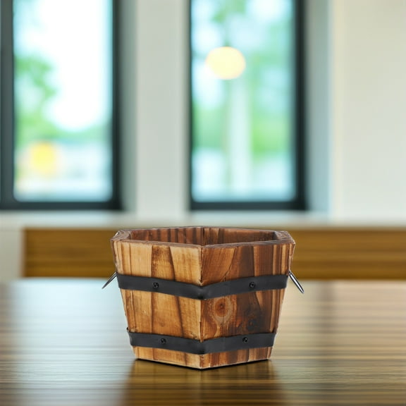 FESTFENDS 1Pack Wooden Barrel Planter for Balcony Vegetable Gardening 11.8X11.8X3.1In Carbonized Solid Wood Coffee Color