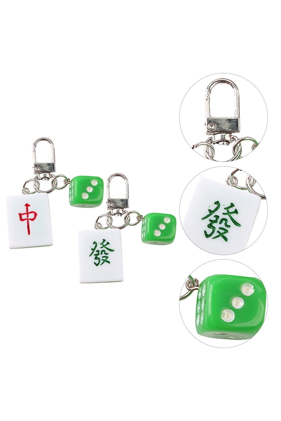 8Pcs Cartoon Keychain Pendant Mahjong Design Square Tiles Resin Metal Key Decorations Bag Charm