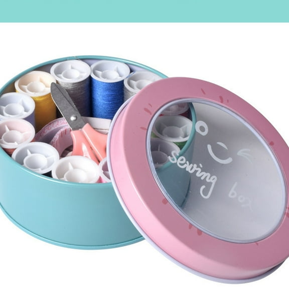 FESTFENDS Compact Sewing Kit 1 Set Pink Iron Round For Travel And Commercial Use With Sewing Accessories