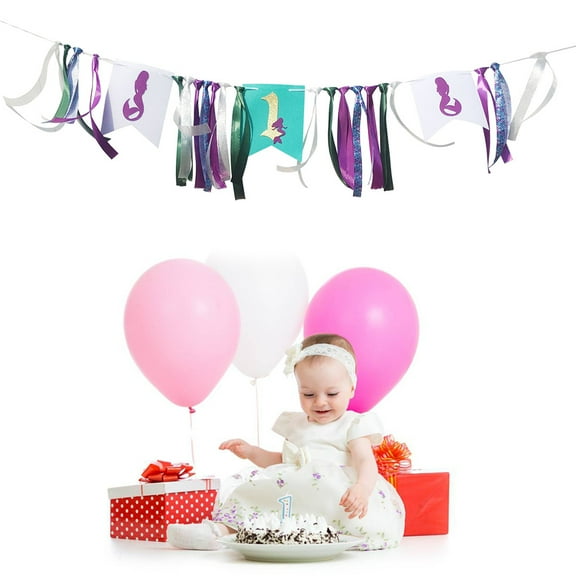 FESTFENDS Mermaid First Birthday Decorations 200x79x67in Nonwovens Ribbon Highchair Banner for Baby Chair 1Set