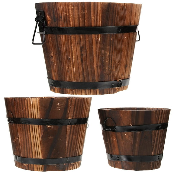 FESTFENDS Rustic Bucket Planter 3Pcs Wooden Flower Pot for Home Balcony Courtyard 15x12x13in