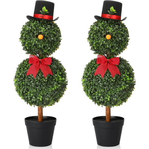 FESTILA 2 Pack Christmas Snowman Topiary 30'' Artificial Snowman Shaped Topiary Tree Pot with Red Bow Santa Hat Boxwood Topiaries for Christmas Home Decor
