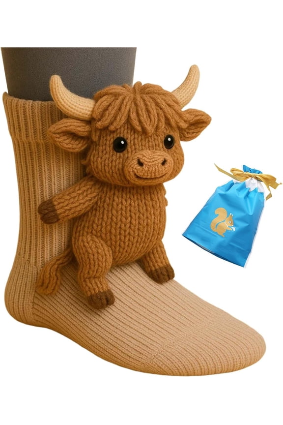 RUPKUL 3D Knit Animal Socks, Funny Highland Cow Socks for Women & Girls, Christmas Gift, Compression for Warmth & Comfort